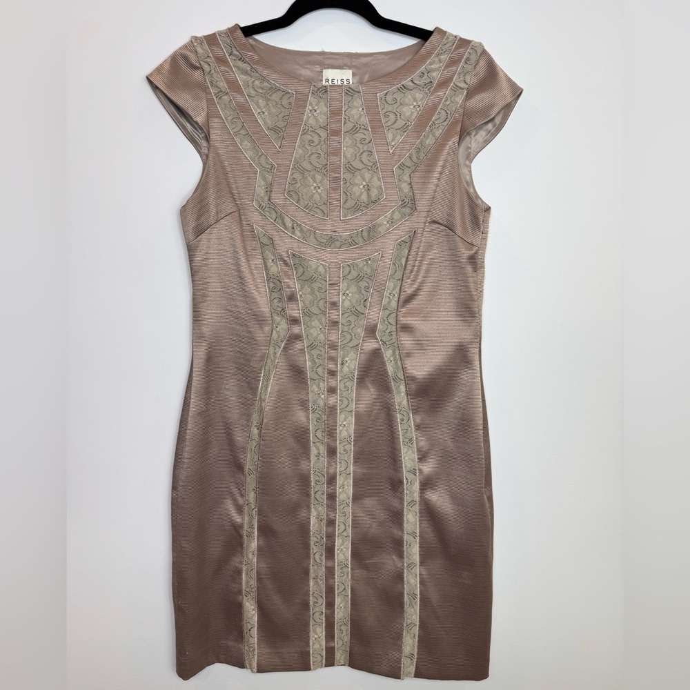 Reiss cocktail lace insert evening taupe satiny Sheath Dress Cap Sleeve size 8